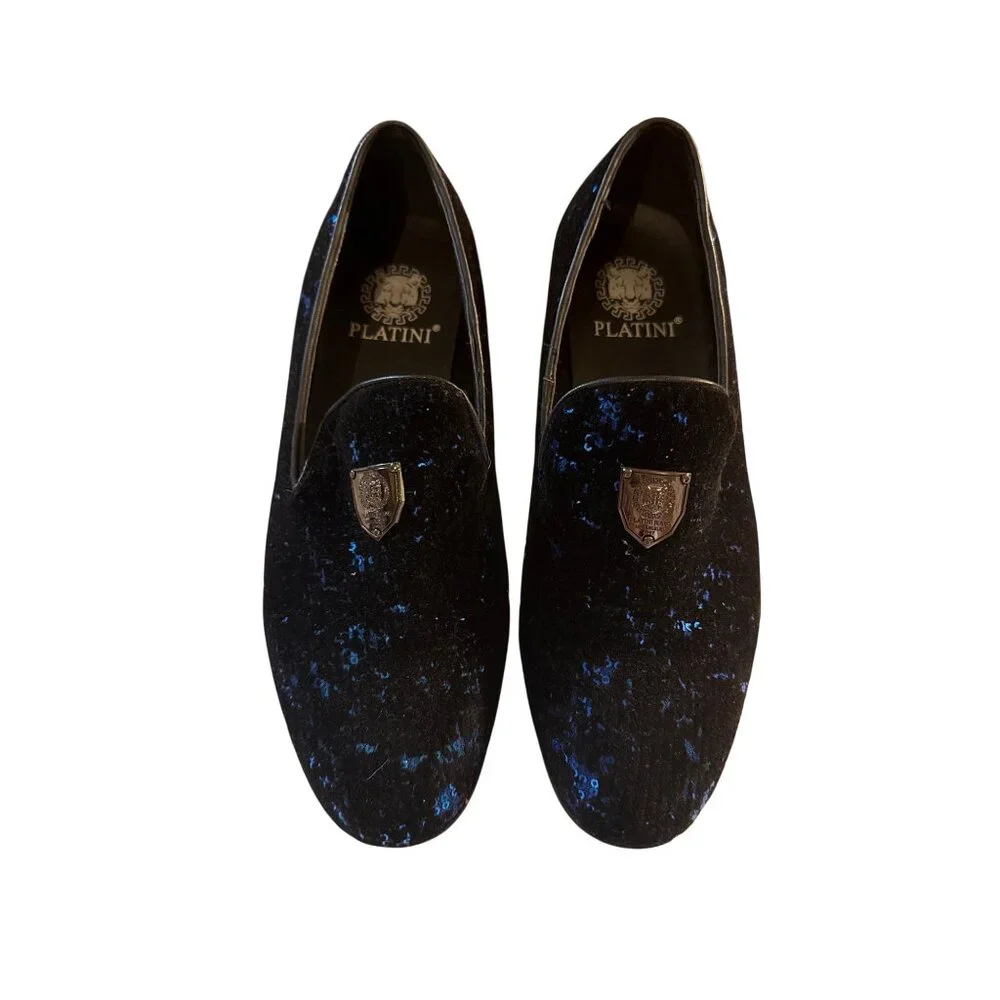 Platini Mens Black & Blue Velvet Loafers Size 8.5